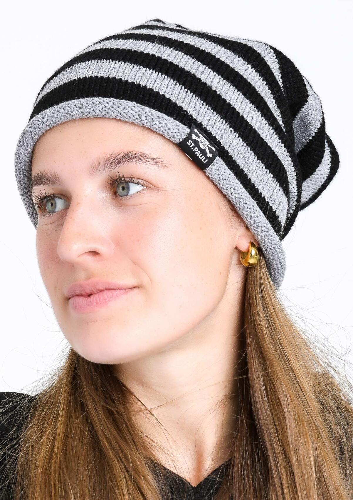 Beanie - Knitted Stripes Skull Grey Black