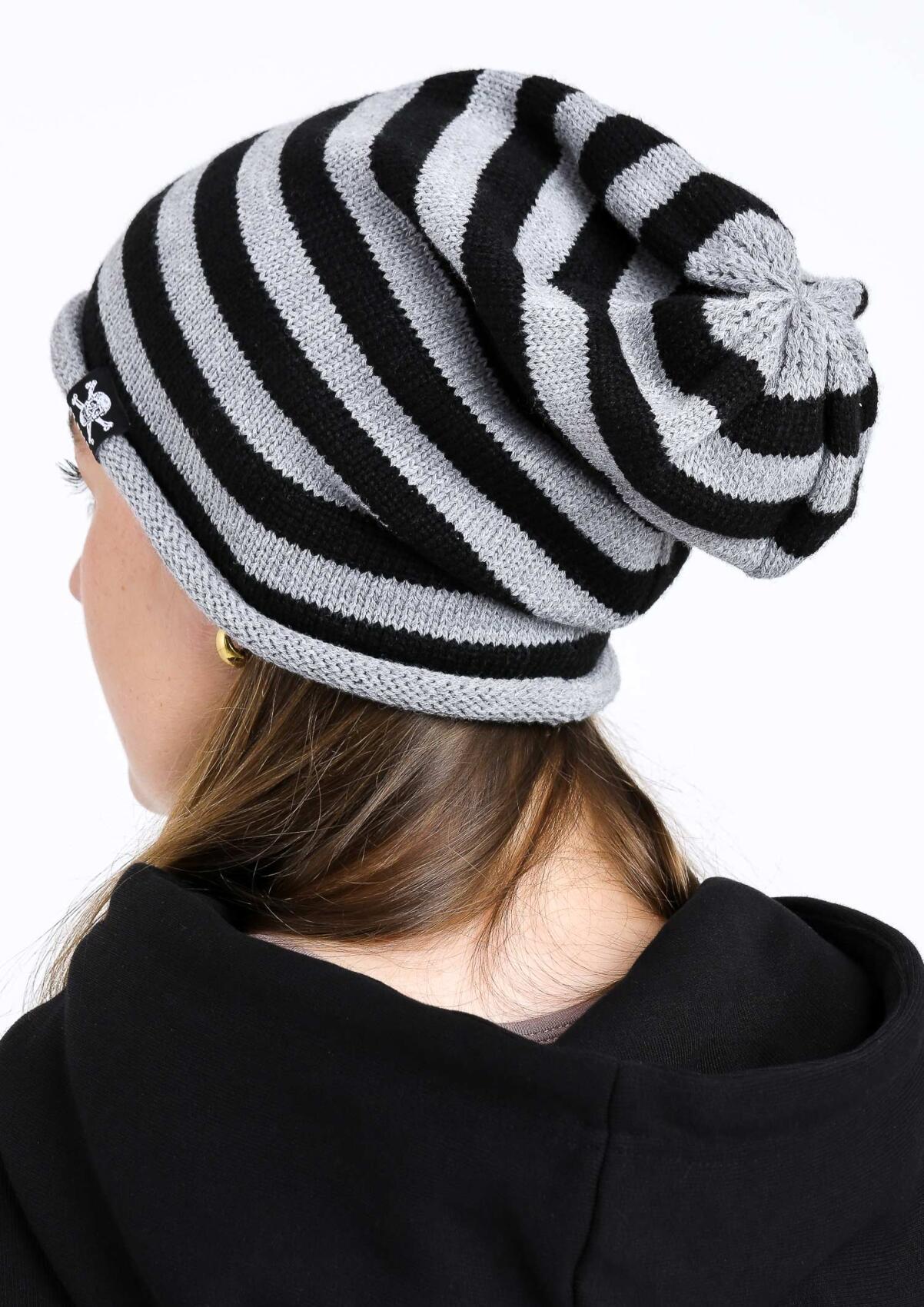 Beanie - Knitted Stripes Skull Grey Black